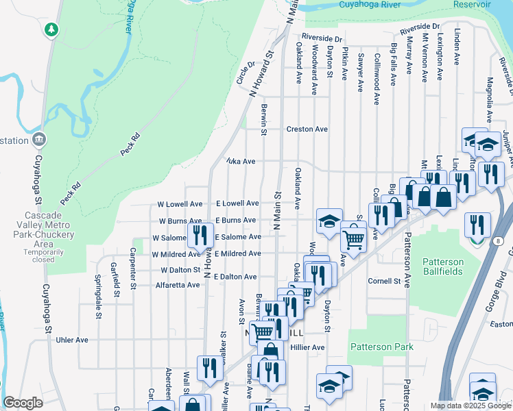 map of restaurants, bars, coffee shops, grocery stores, and more near 1044 Berwin Street in Akron