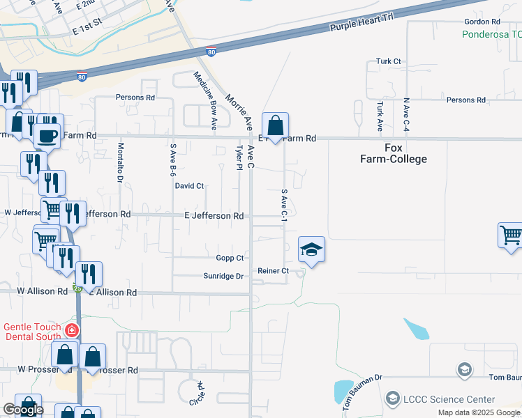map of restaurants, bars, coffee shops, grocery stores, and more near 101-499 Ave C in Cheyenne