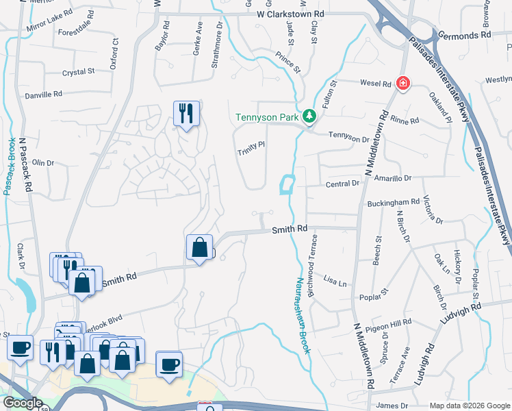map of restaurants, bars, coffee shops, grocery stores, and more near 19 Vailshire Circle in Nanuet
