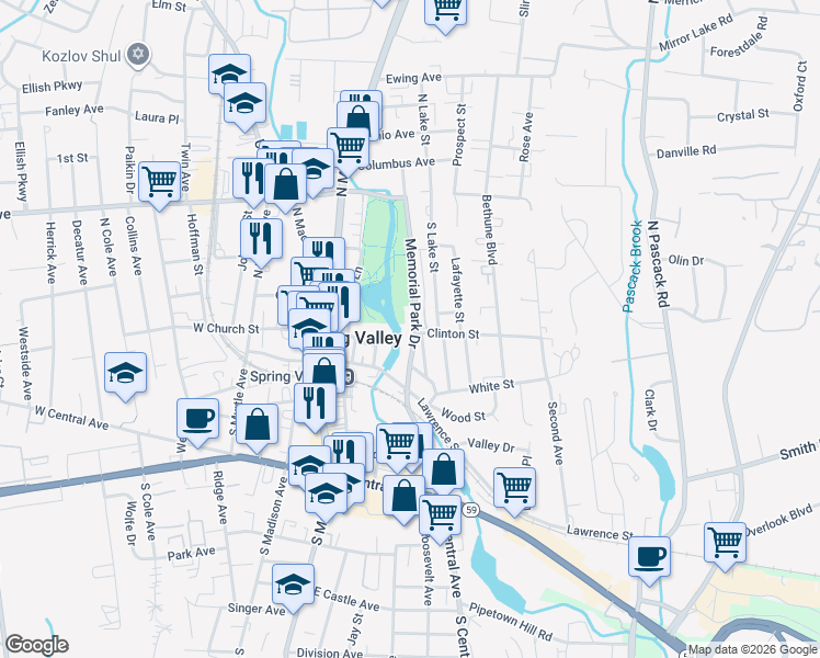 map of restaurants, bars, coffee shops, grocery stores, and more near 25 Memorial Park Drive in Spring Valley