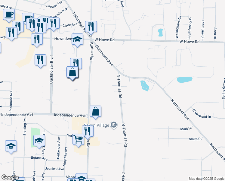map of restaurants, bars, coffee shops, grocery stores, and more near 433 North Thomas Road in Tallmadge