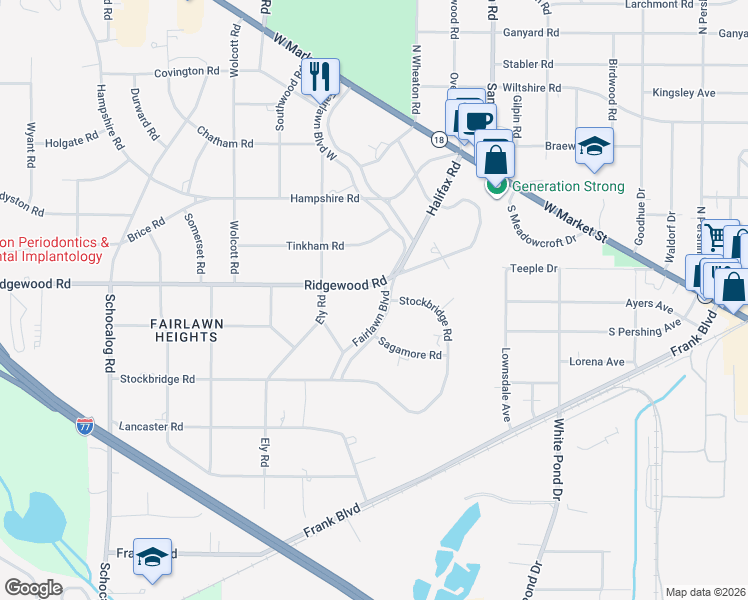 map of restaurants, bars, coffee shops, grocery stores, and more near 2166 Ridgewood Road in Akron