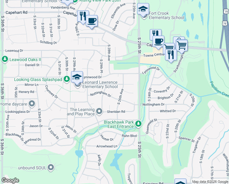 map of restaurants, bars, coffee shops, grocery stores, and more near 13209 South 27th Circle in Bellevue