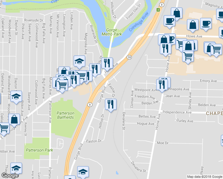 map of restaurants, bars, coffee shops, grocery stores, and more near 1350 Easton Drive in Akron