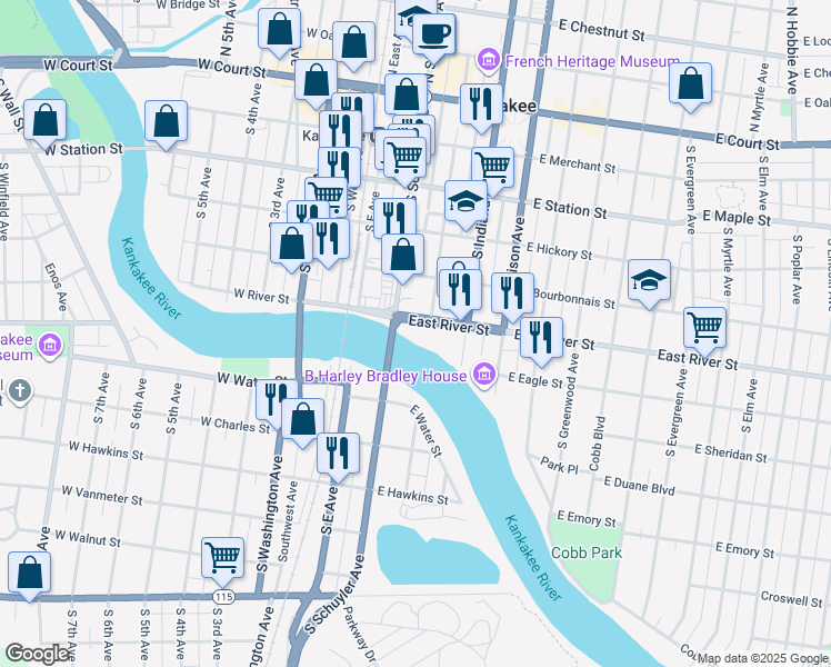 map of restaurants, bars, coffee shops, grocery stores, and more near 242 East River Street in Kankakee