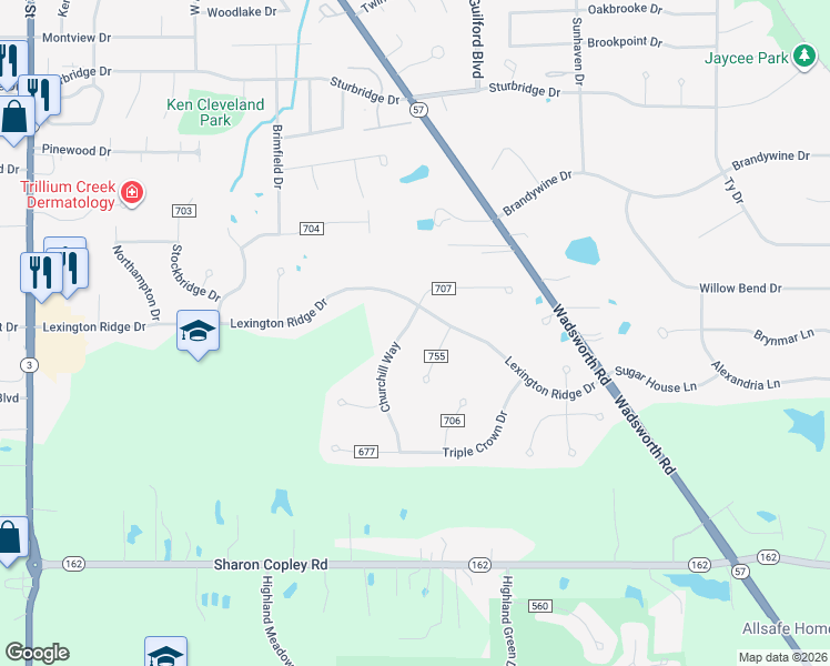 map of restaurants, bars, coffee shops, grocery stores, and more near 5917 Churchill Way in Medina