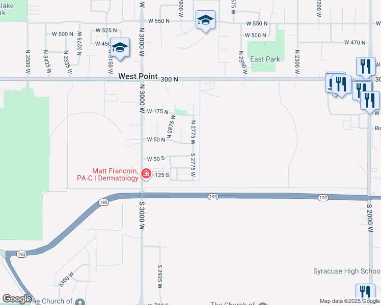 map of restaurants, bars, coffee shops, grocery stores, and more near 2792 West 50 South in West Point