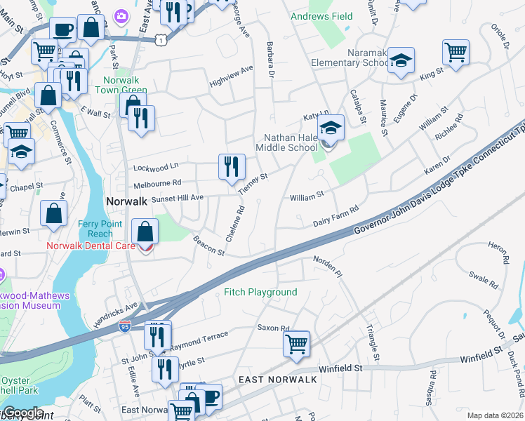 map of restaurants, bars, coffee shops, grocery stores, and more near 22 MacIntosh Road in Norwalk