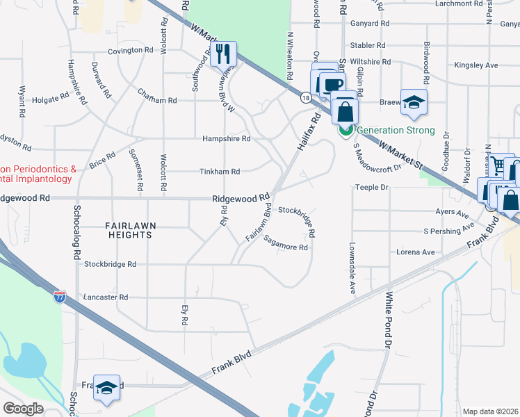 map of restaurants, bars, coffee shops, grocery stores, and more near 2166 Ridgewood Road in Akron