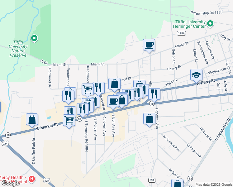 map of restaurants, bars, coffee shops, grocery stores, and more near 680 West Market Street in Tiffin