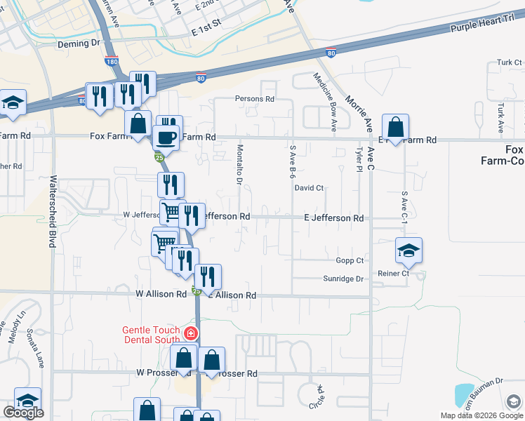 map of restaurants, bars, coffee shops, grocery stores, and more near 404 East Jefferson Road in Cheyenne