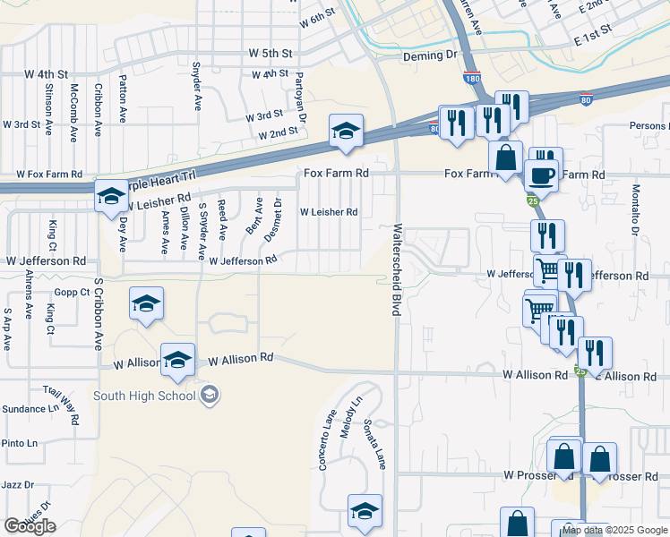map of restaurants, bars, coffee shops, grocery stores, and more near 314 Kay Avenue in Cheyenne