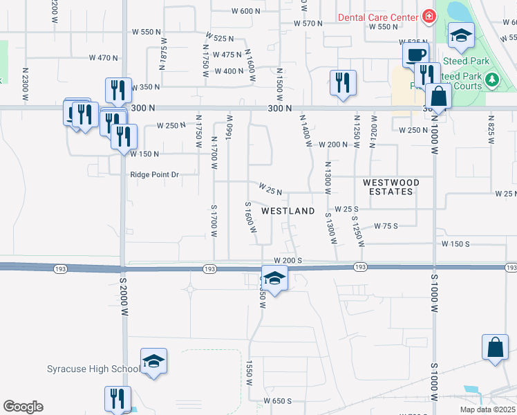 map of restaurants, bars, coffee shops, grocery stores, and more near 1571 West 50 South in West Point