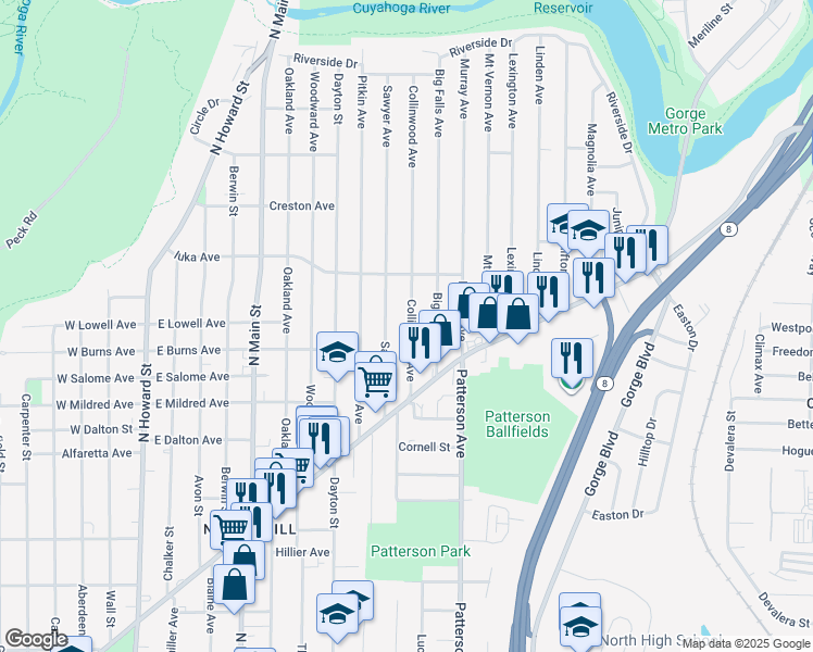 map of restaurants, bars, coffee shops, grocery stores, and more near 1026 Collinwood Avenue in Akron