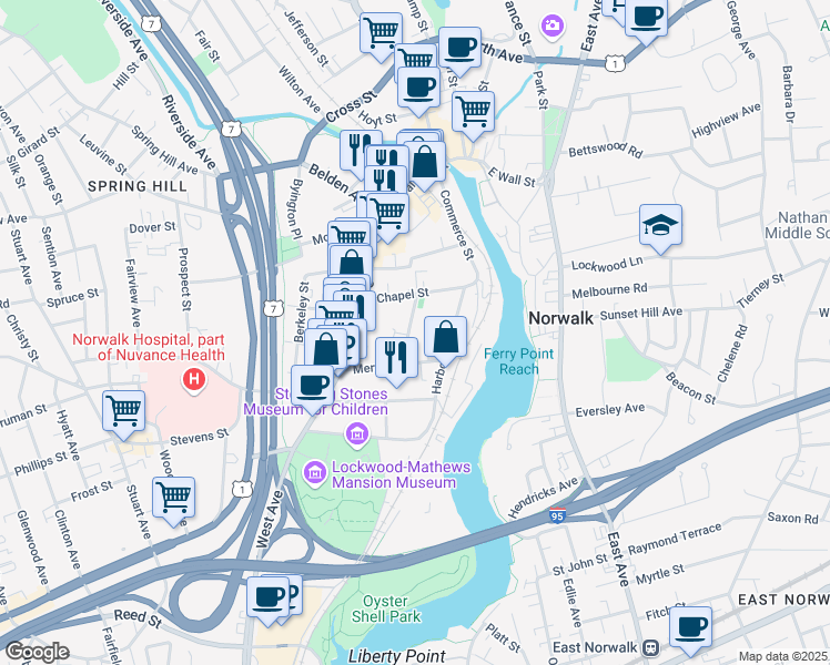 map of restaurants, bars, coffee shops, grocery stores, and more near 11 Academy Street in Norwalk