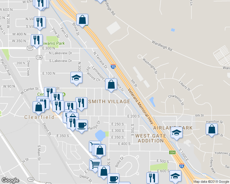 map of restaurants, bars, coffee shops, grocery stores, and more near 525 South Maple Street in Clearfield