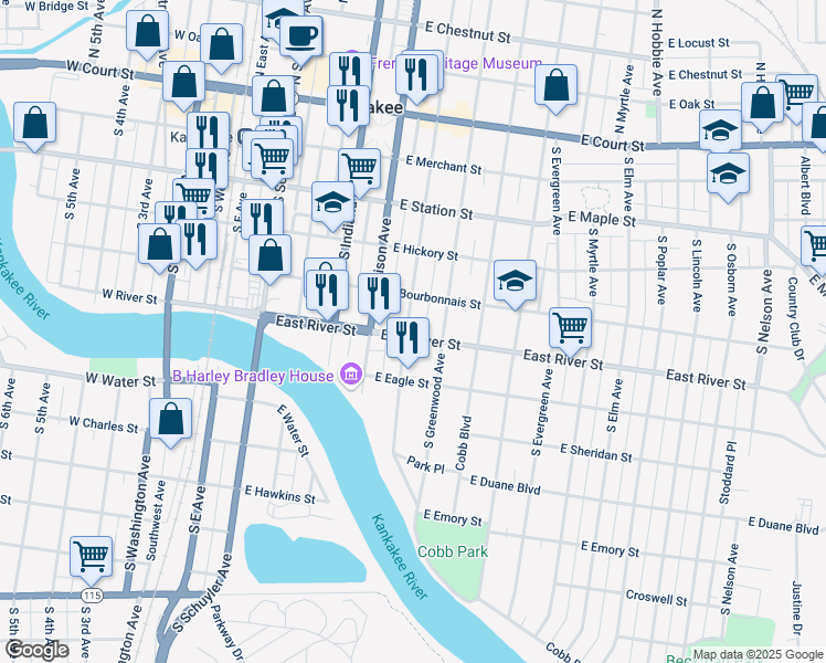 map of restaurants, bars, coffee shops, grocery stores, and more near 574 South Chicago Avenue in Kankakee