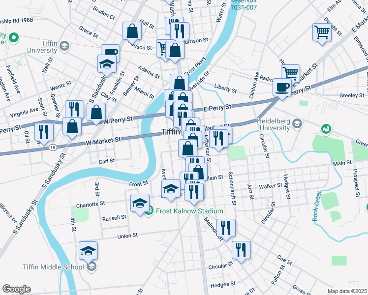 map of restaurants, bars, coffee shops, grocery stores, and more near 144 South Washington Street in Tiffin