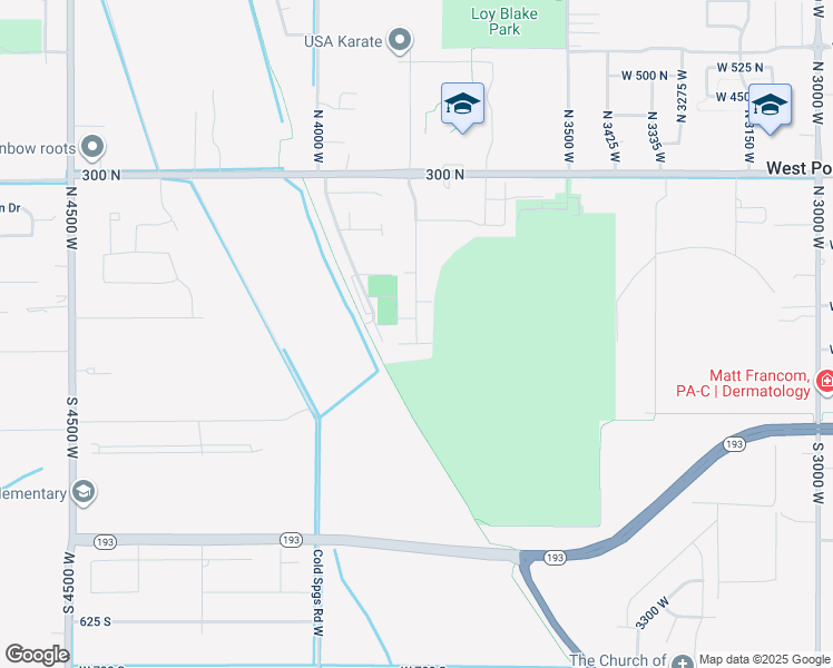 map of restaurants, bars, coffee shops, grocery stores, and more near 27 South 3830 West in West Point