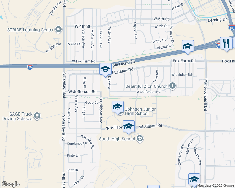 map of restaurants, bars, coffee shops, grocery stores, and more near 1263 West Jefferson Road in Cheyenne
