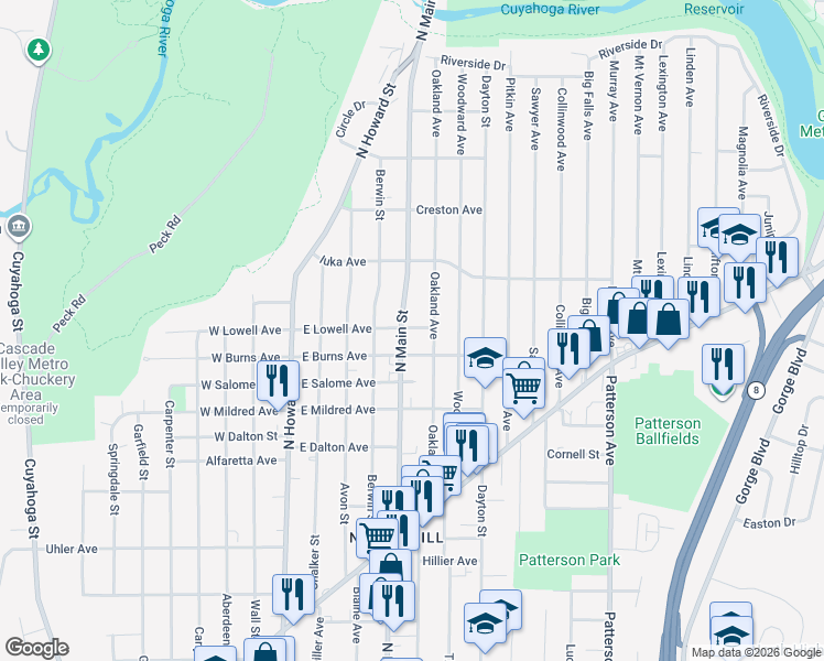 map of restaurants, bars, coffee shops, grocery stores, and more near 126 East Lowell Avenue in Akron