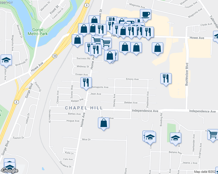 map of restaurants, bars, coffee shops, grocery stores, and more near Annapolis Avenue in Akron