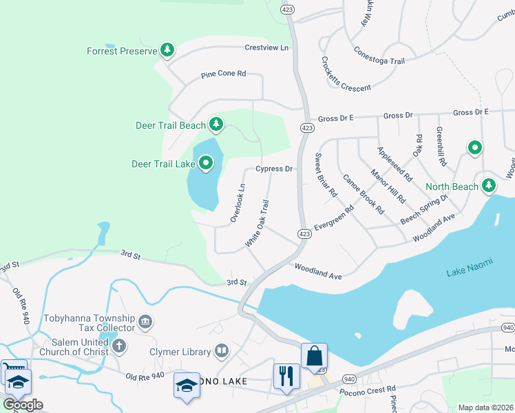 map of restaurants, bars, coffee shops, grocery stores, and more near 2224 White Oak Trail in Pocono Pines