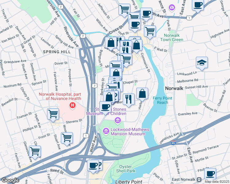 map of restaurants, bars, coffee shops, grocery stores, and more near 614 West Avenue in Norwalk