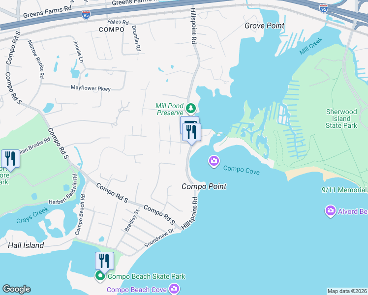 map of restaurants, bars, coffee shops, grocery stores, and more near 33 Sherwood Drive in Westport