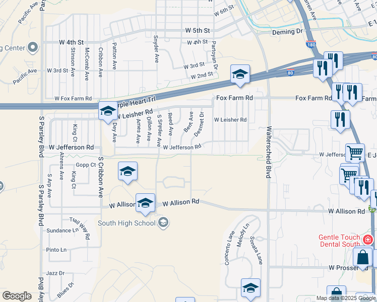 map of restaurants, bars, coffee shops, grocery stores, and more near 290 Desmet Drive in Cheyenne