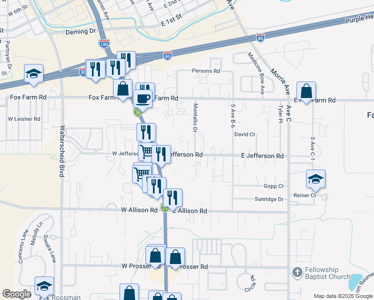 map of restaurants, bars, coffee shops, grocery stores, and more near 300 East Jefferson Road in Cheyenne