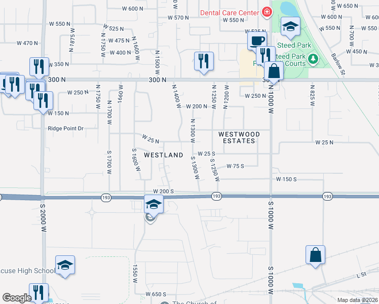 map of restaurants, bars, coffee shops, grocery stores, and more near 19 South 1300 West in Clearfield