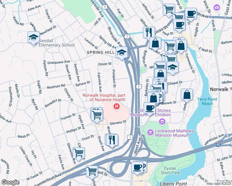 map of restaurants, bars, coffee shops, grocery stores, and more near 33 Prospect Street in Norwalk