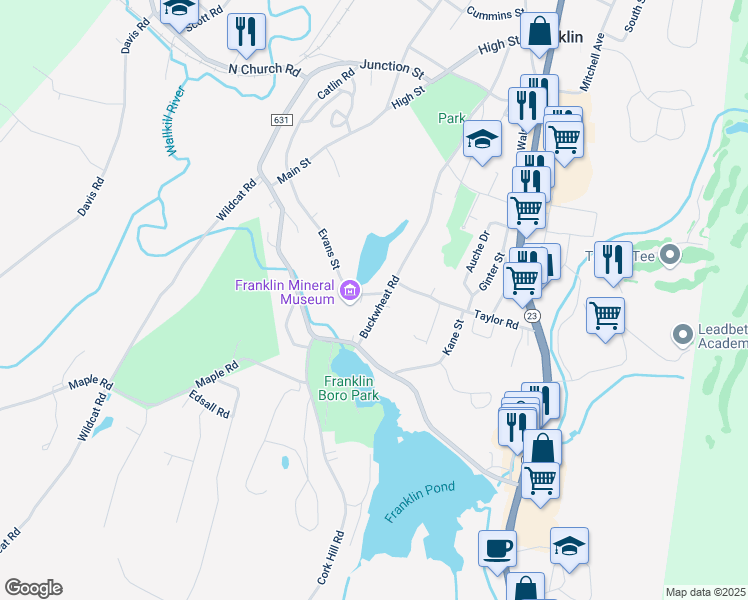 map of restaurants, bars, coffee shops, grocery stores, and more near 21 Buckwheat Road in Franklin