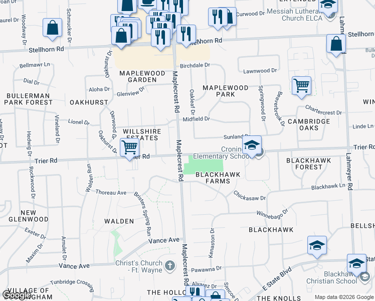 map of restaurants, bars, coffee shops, grocery stores, and more near 6319 Trier Road in Fort Wayne