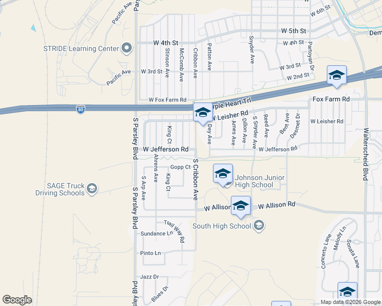 map of restaurants, bars, coffee shops, grocery stores, and more near 1415 West Jefferson Road in Cheyenne