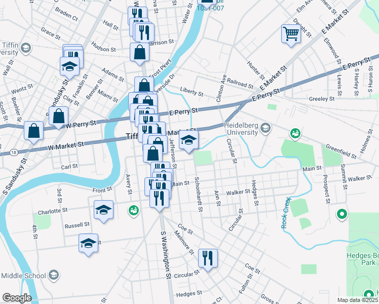 map of restaurants, bars, coffee shops, grocery stores, and more near 36 Madison Street in Tiffin