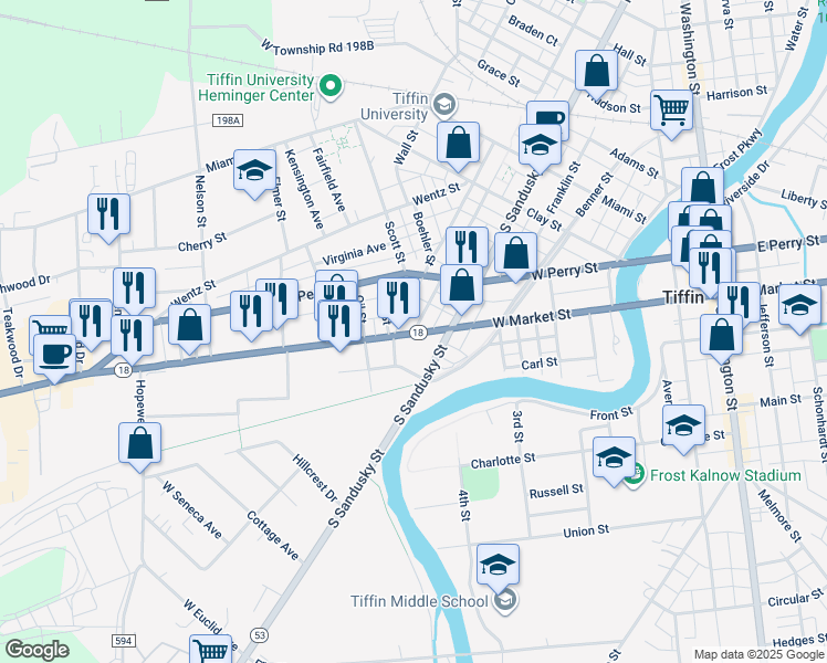 map of restaurants, bars, coffee shops, grocery stores, and more near 1 Jackson Street in Tiffin