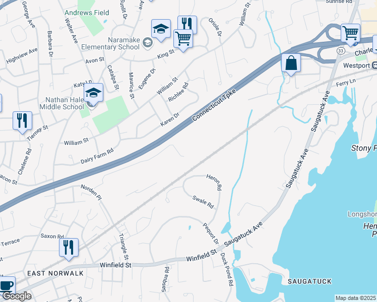map of restaurants, bars, coffee shops, grocery stores, and more near 8 Norden Place in Norwalk