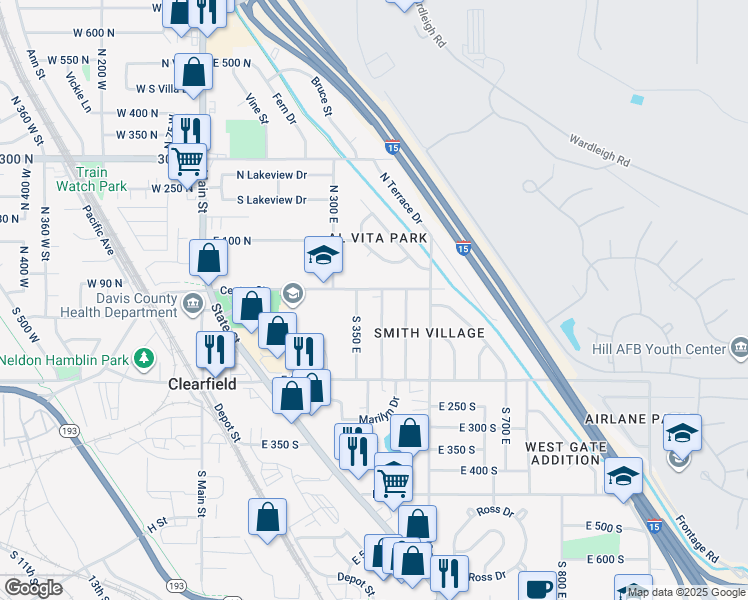 map of restaurants, bars, coffee shops, grocery stores, and more near 30s South 400 East in Clearfield