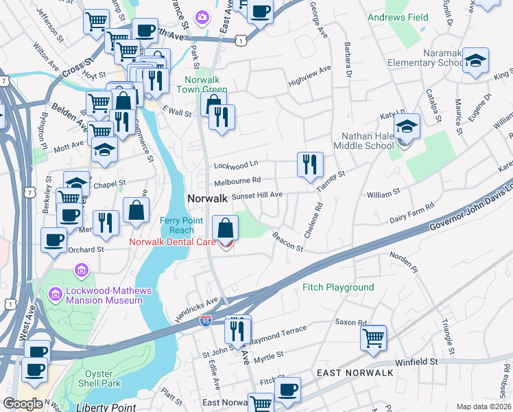 map of restaurants, bars, coffee shops, grocery stores, and more near 3 Tryon Road in Norwalk