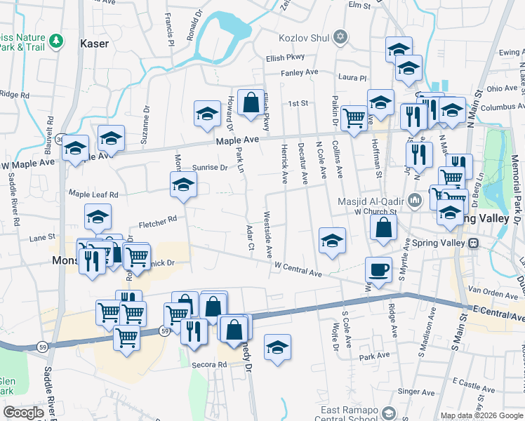map of restaurants, bars, coffee shops, grocery stores, and more near 29 Westside Avenue in Spring Valley