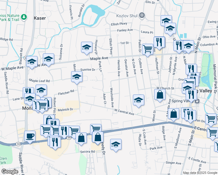 map of restaurants, bars, coffee shops, grocery stores, and more near 29 Westside Avenue in Spring Valley