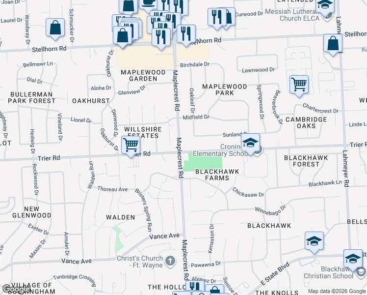 map of restaurants, bars, coffee shops, grocery stores, and more near 6319 Trier Road in Fort Wayne