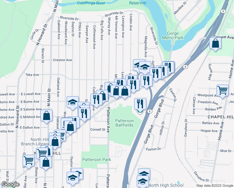 map of restaurants, bars, coffee shops, grocery stores, and more near 1027 Mount Vernon Avenue in Akron