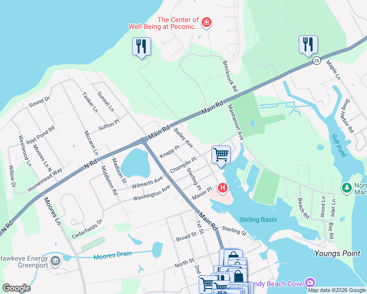 map of restaurants, bars, coffee shops, grocery stores, and more near 209 Knapp Place in Greenport