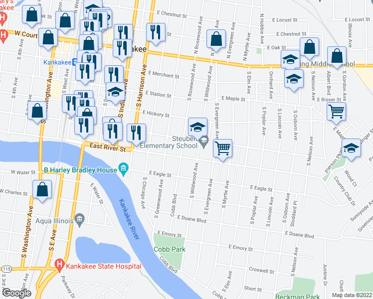 map of restaurants, bars, coffee shops, grocery stores, and more near 554 South Rosewood Avenue in Kankakee