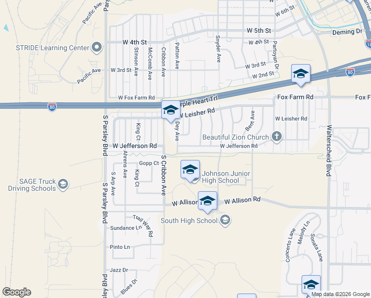 map of restaurants, bars, coffee shops, grocery stores, and more near 1263 West Jefferson Road in Cheyenne