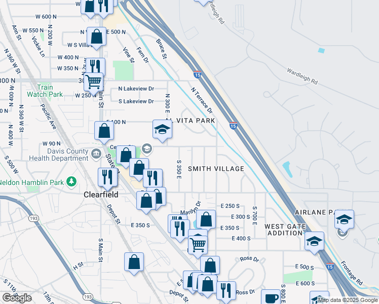 map of restaurants, bars, coffee shops, grocery stores, and more near 30s South 400 East in Clearfield