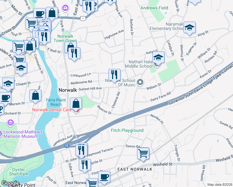 map of restaurants, bars, coffee shops, grocery stores, and more near 21 Chelene Road in Norwalk